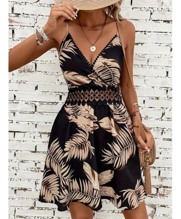 Kadın Ip Askılı Kruvaze Yakalı Desenli Mini Süprem Mini Elbise