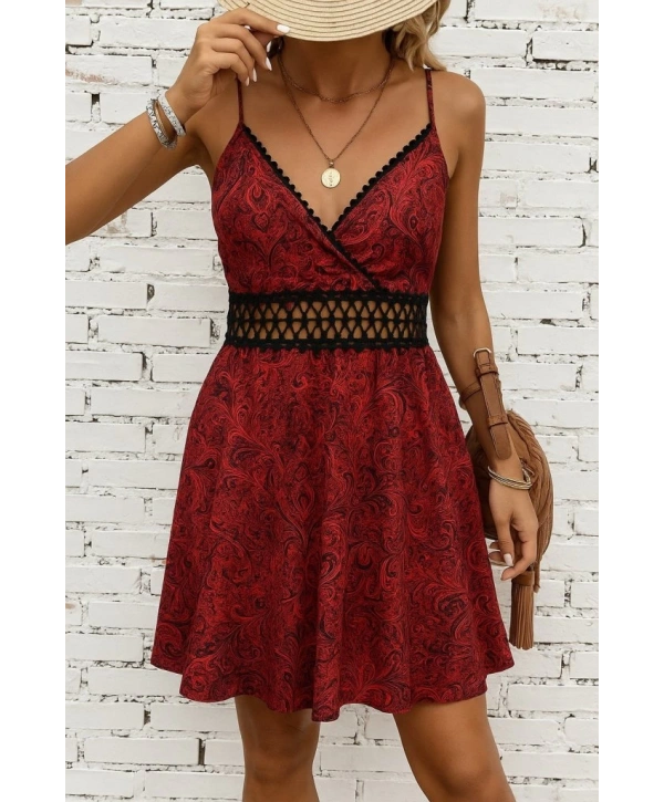 Kadın Ip Askılı Kruvaze Yakalı Desenli Mini Süprem Mini Elbise