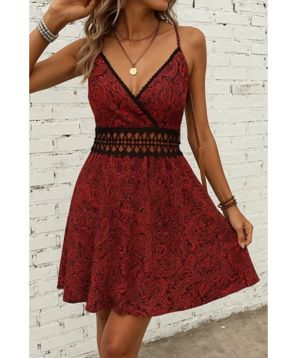 Kadın Ip Askılı Kruvaze Yakalı Desenli Mini Süprem Mini Elbise