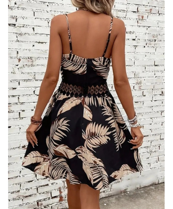 Kadın Ip Askılı Kruvaze Yakalı Desenli Mini Süprem Mini Elbise