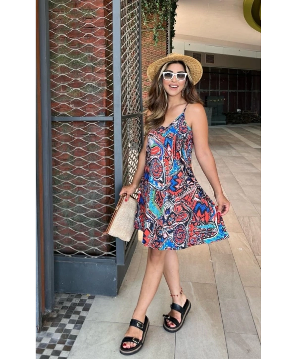 Kadın Ip Askılı V Yakalı Desenli Kısa Süprem Elbise