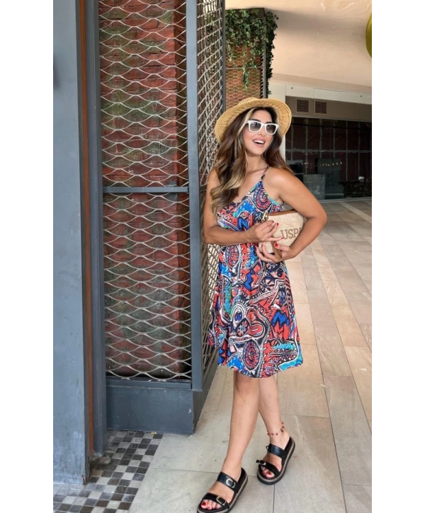 Kadın Ip Askılı V Yakalı Desenli Kısa Süprem Elbise