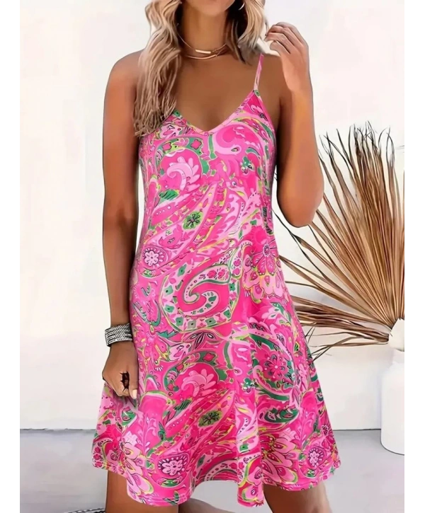 Kadın Ip Askılı V Yakalı Desenli Kısa Süprem Mini Elbise