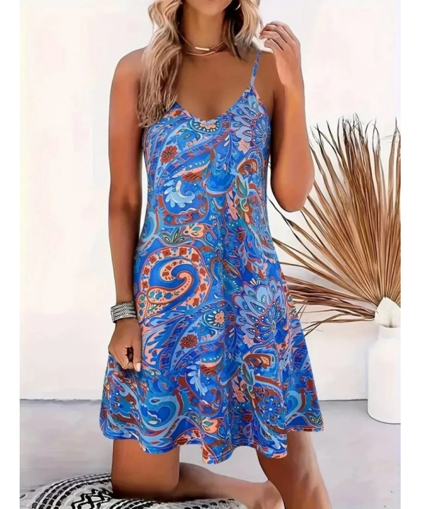 Kadın Ip Askılı V Yakalı Desenli Kısa Süprem Mini Elbise