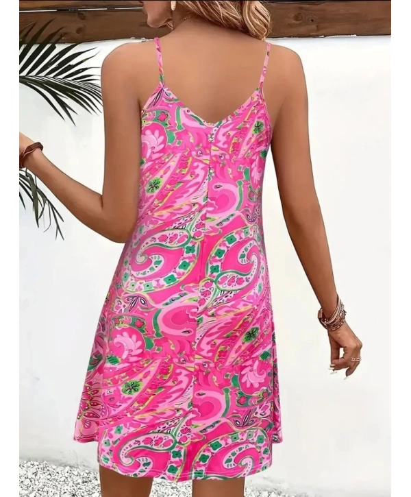 Kadın Ip Askılı V Yakalı Desenli Kısa Süprem Mini Elbise