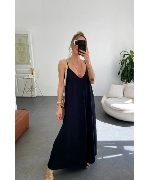 Kadın Ip Askılı V Yakalı Uzun Aerobin Elbise