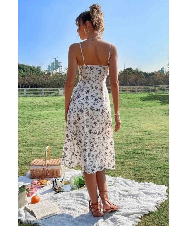 Kadın Ip Askılı Yakadan Bağcıklı Desenli Süprem Elbise