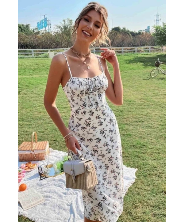 Kadın Ip Askılı Yakadan Bağcıklı Desenli Süprem Elbise