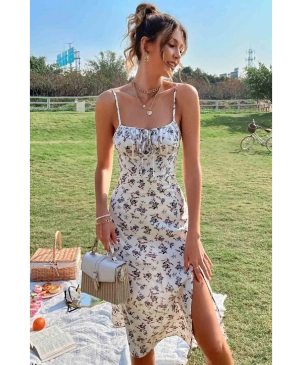 Kadın Ip Askılı Yakadan Bağcıklı Desenli Süprem Elbise