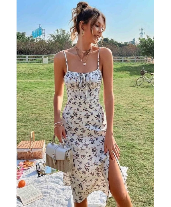 Kadın Ip Askılı Yakadan Bağcıklı Desenli Süprem Elbise