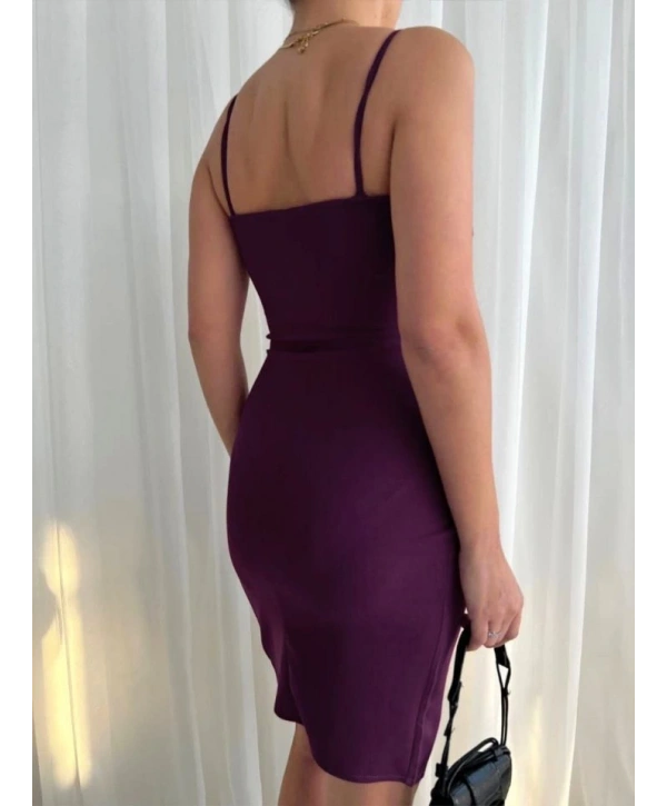 Kadın İp Askılı Yırtmaçlı Büzgülü Elbise