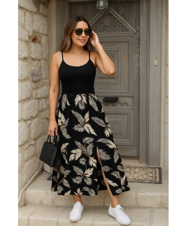 Kadın Ip Askılı Yuvarlak Yaka Belden Dantelli Desenli Yırtmaçlı üst Viskon Alt Süprem Midi Elbise