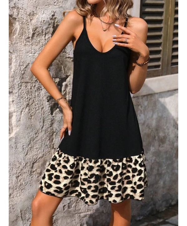 Kadın Ip Askılı Yuvarlak Yakalı Leopar Detaylı Elbise