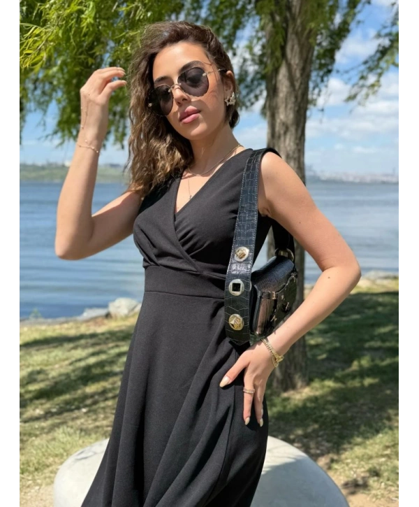 Kadın Ithal Krep Kumaş Kruvaze Yaka Eteği Kloş Kolsuz Mini Elbise