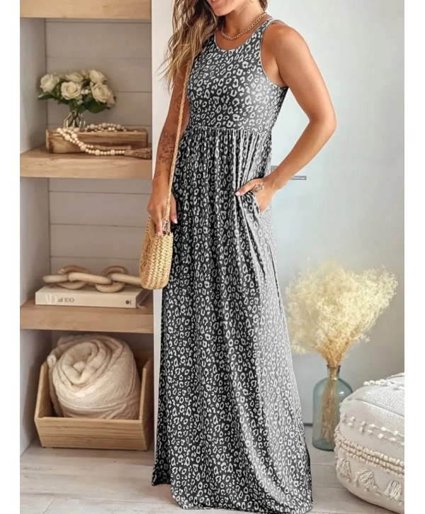 Kadın Kalın Askılı Yuvarlak Yaka Cepli Süprem Maksi Elbise