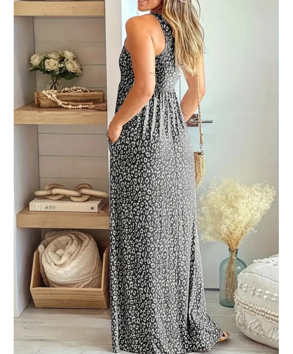 Kadın Kalın Askılı Yuvarlak Yaka Cepli Süprem Maksi Elbise