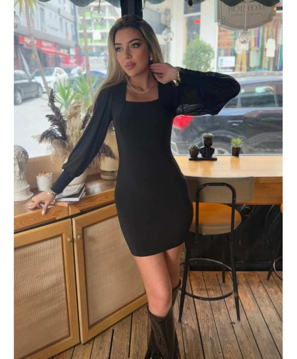 Kadın Kare Yaka Kolları Tül Sandy Kumaş Fırsat ürün Mini Siyah Elbise