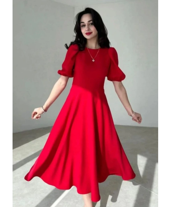 Kadın Kısa Balon Kollu Bisiklet Yaka Geniş Kesim Janjan Krep Elbise