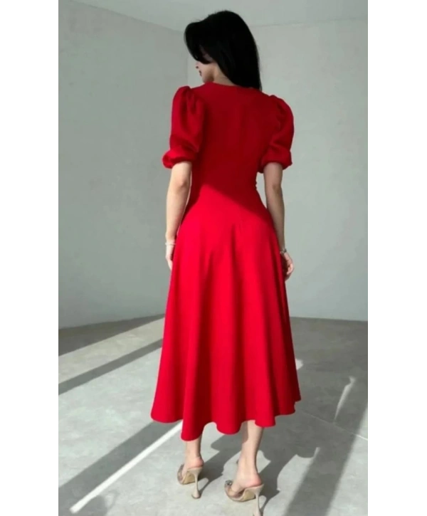 Kadın Kısa Balon Kollu Bisiklet Yaka Geniş Kesim Janjan Krep Elbise