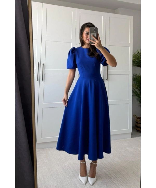 Kadın Kısa Balon Kollu Bisiklet Yaka Geniş Kesim Janjan Krep Elbise