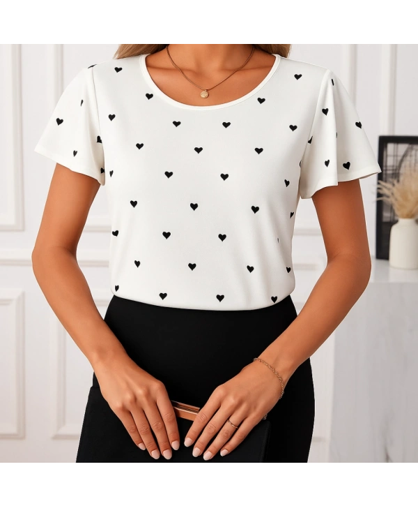 Kadın Kısa Kelebek Kollu Bisiklet Yaka Kalp Desenli Süprem Bluz