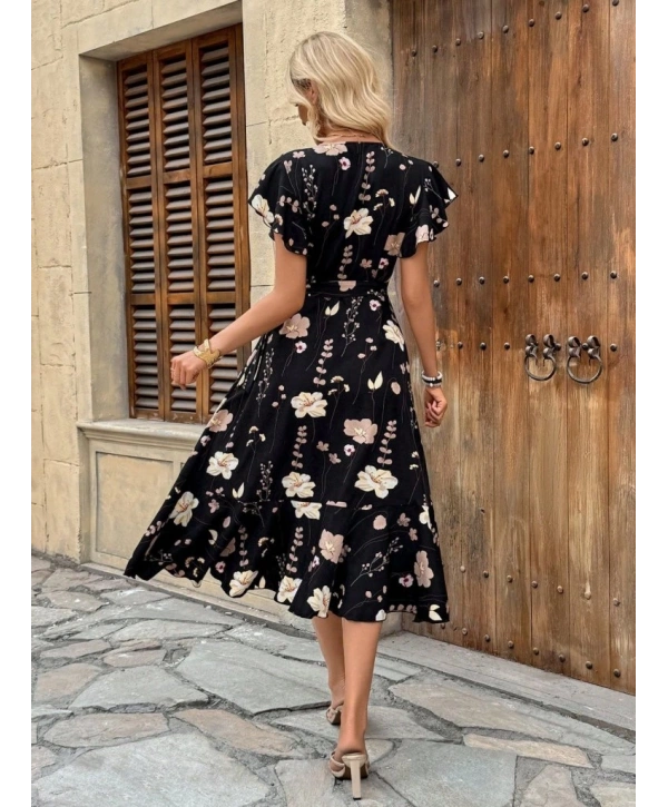 Kadın Kısa Kelebek Kollu Kruvaze Yakalı Belden Kuşaklı Midi Süprem Elbise