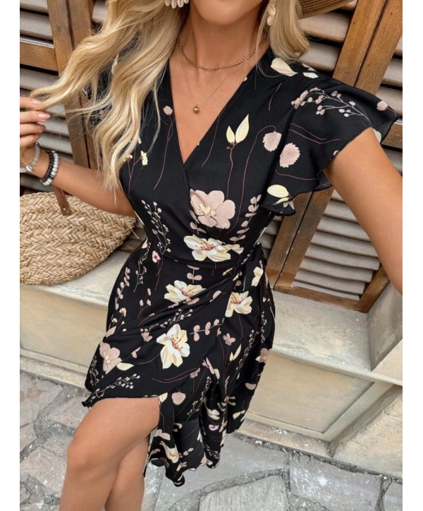 Kadın Kısa Kelebek Kollu Kruvaze Yakalı Belden Kuşaklı Midi Süprem Elbise