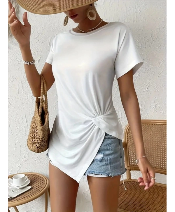 Kadın Kısa Kollu Asimetrik Kesim Bel Büzgü Düğüm Detay Viskon Bluz