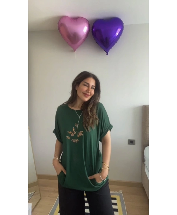 Kadın Kısa Kollu Bisiklet Yaka Cepli Kelebek Baskılı Viskon Elbise