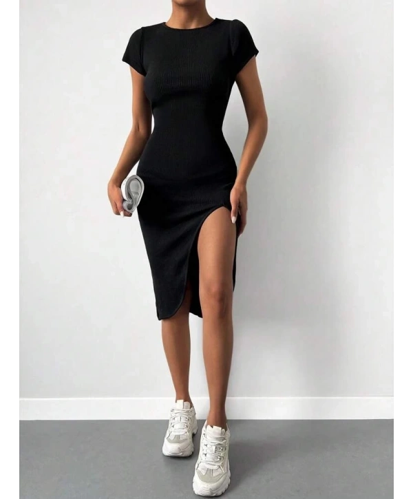 Kadın Kısa Kollu Bisiklet Yaka Derin Yırtmaçlı Kaşkorse Elbise