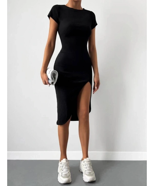 Kadın Kısa Kollu Bisiklet Yaka Derin Yırtmaçlı Kaşkorse Elbise