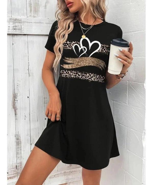 Kadın Kısa Kollu Bisiklet Yaka Desenli Viskon Elbise