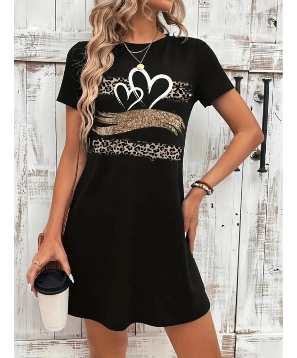 Kadın Kısa Kollu Bisiklet Yaka Desenli Viskon Elbise