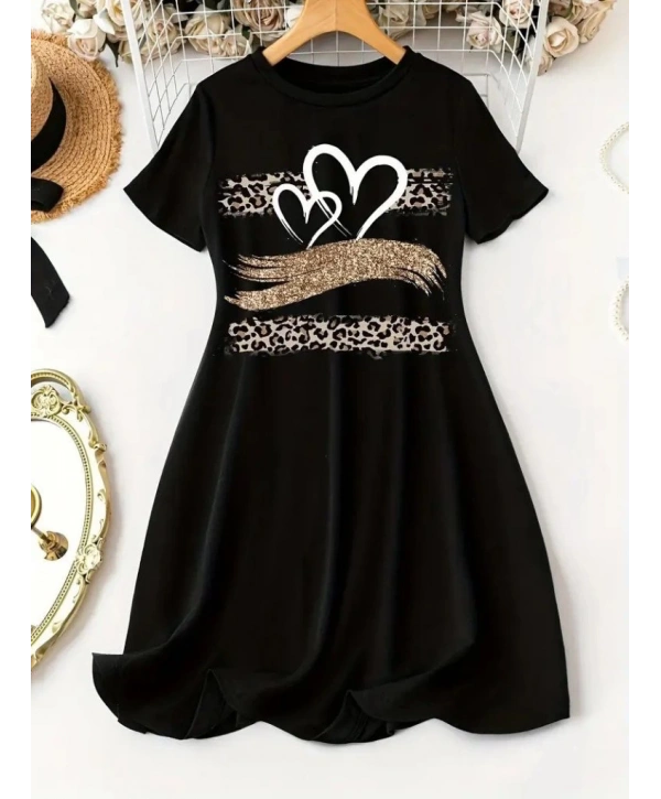 Kadın Kısa Kollu Bisiklet Yaka Desenli Viskon Elbise