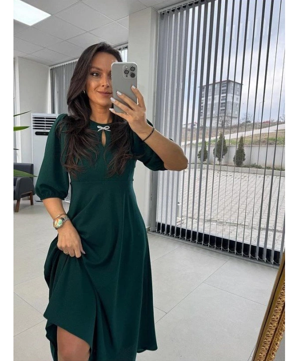 Kadın Kısa Kollu Bisiklet Yaka Fiyonk Broşlu Midi Janjan Krep Elbise