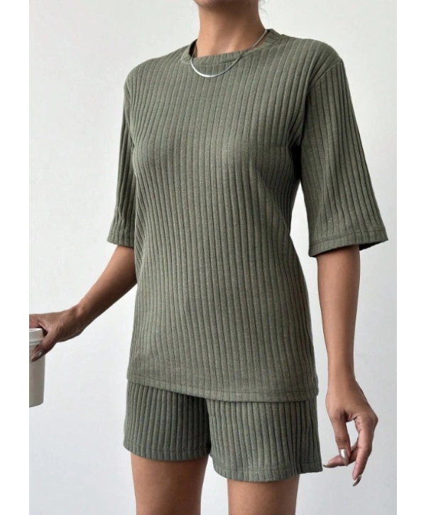 Kadın Kısa Kollu Bisiklet Yaka Kaşkorse Bluz şort Ikili Takım