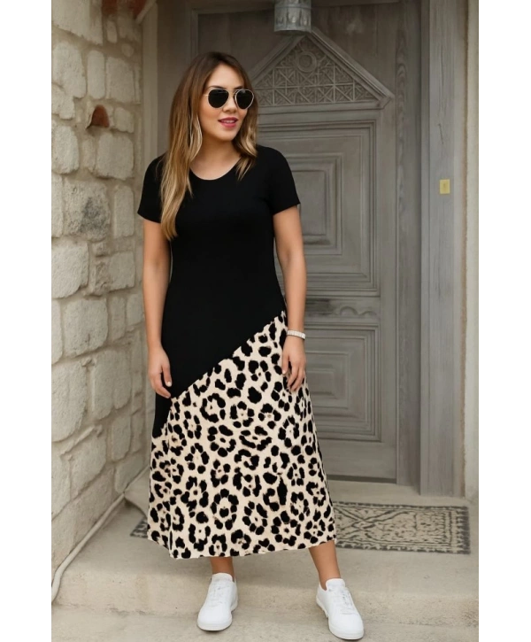 Kadın Kısa Kollu Bisiklet Yaka Leopar Detaylı Midi üst Viskon Alt Süprem Elbise