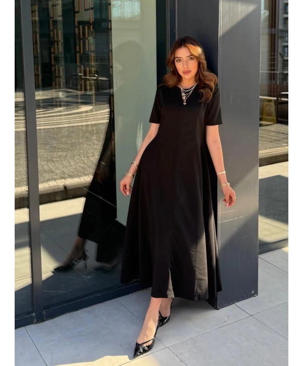 Kadın Kısa Kollu Bisiklet Yaka Maksi Boy Ithal Krep Elbise