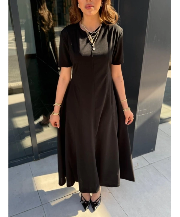Kadın Kısa Kollu Bisiklet Yaka Maksi Boy Ithal Krep Elbise