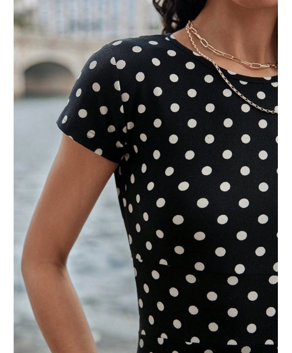Kadın Kısa Kollu Bisiklet Yaka Puantiyeli Maksi örme Krep Elbise