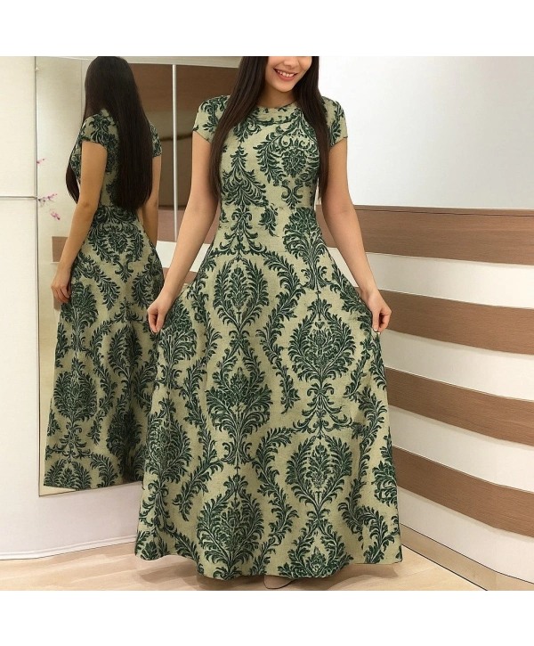 Kadın Kısa Kollu Bisiklet Yaka Puantiyeli Maksi örme Krep Elbise