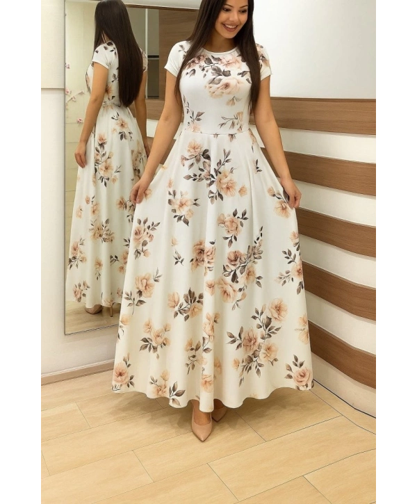 Kadın Kısa Kollu Bisiklet Yaka Puantiyeli Maksi örme Krep Elbise