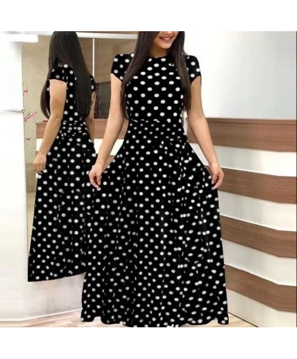 Kadın Kısa Kollu Bisiklet Yaka Puantiyeli Maksi örme Krep Elbise
