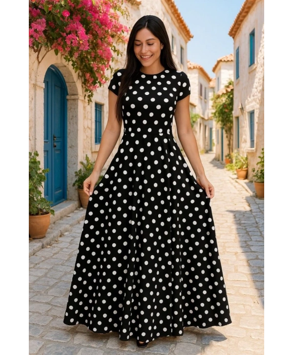 Kadın Kısa Kollu Bisiklet Yaka Puantiyeli Maksi örme Krep Elbise