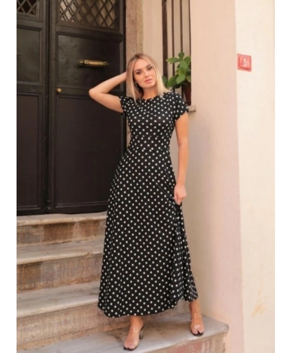 Kadın Kısa Kollu Bisiklet Yaka Puantiyeli Maksi örme Krep Elbise