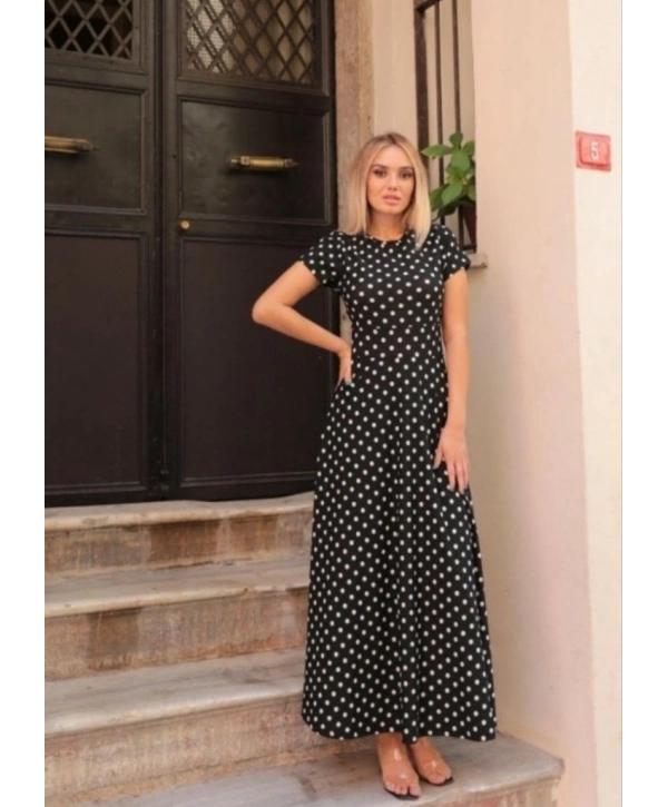 Kadın Kısa Kollu Bisiklet Yaka Puantiyeli Maksi örme Krep Elbise