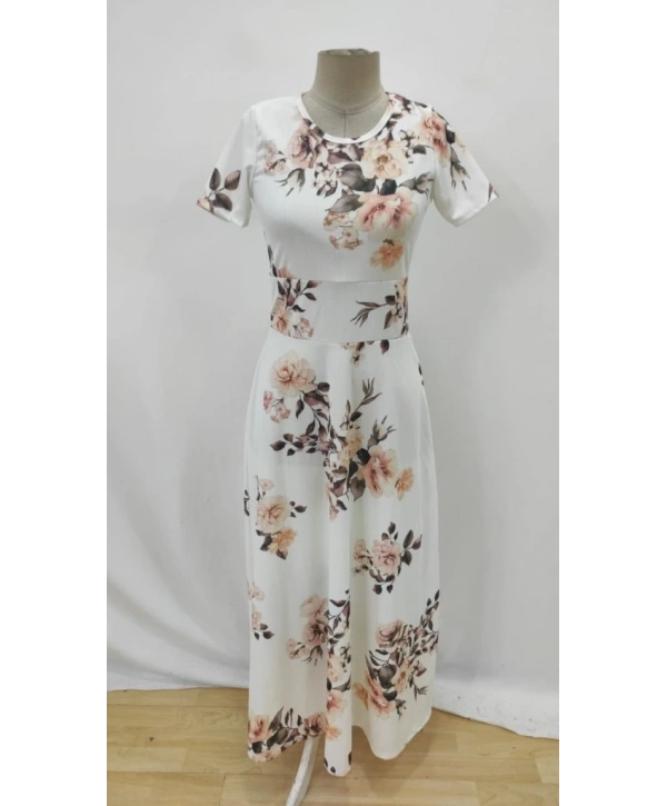 Kadın Kısa Kollu Bisiklet Yaka Puantiyeli Maksi örme Krep Elbise