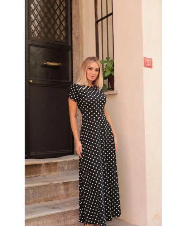 Kadın Kısa Kollu Bisiklet Yaka Puantiyeli Maksi örme Krep Elbise