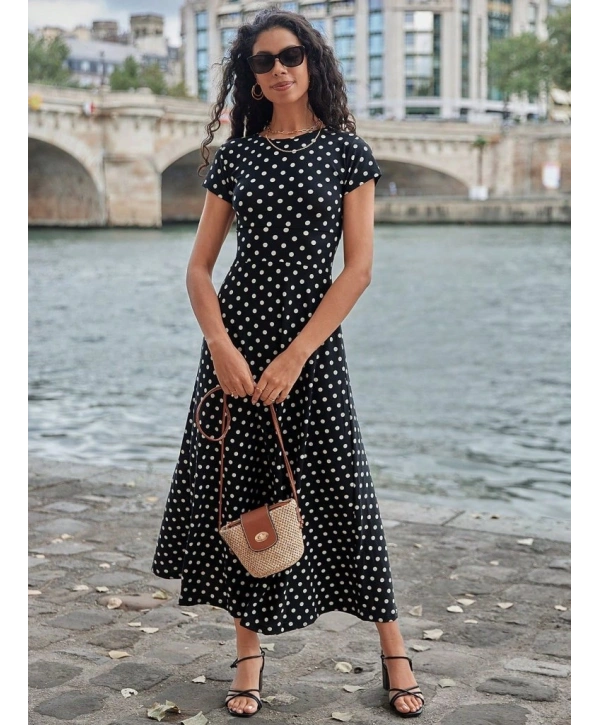 Kadın Kısa Kollu Bisiklet Yaka Puantiyeli Maksi örme Krep Elbise