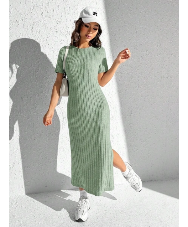 Kadın Kısa Kollu Bisiklet Yaka Yırtmaç Detay Fitilli Kaşkorse Tam Boy Elbise